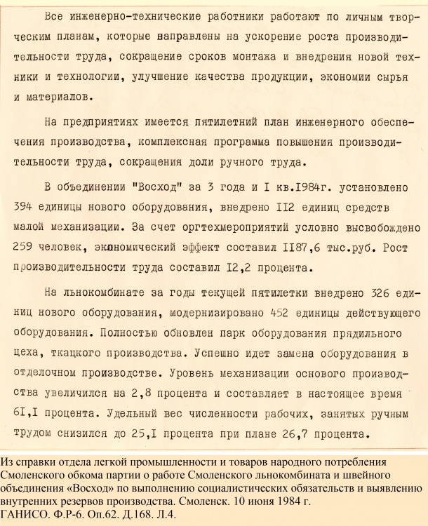 Из справки отдела легкой промышленности и товаров народного потребления Смоленского обкома партии о работе Смоленского льнокомбината и швейного объединения «Восход». Смоленск. 10 июня 1984 г.